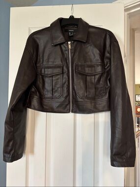 FOREVER 21 Women's Dark Brown Faux  Leather Zip-Front Jacket